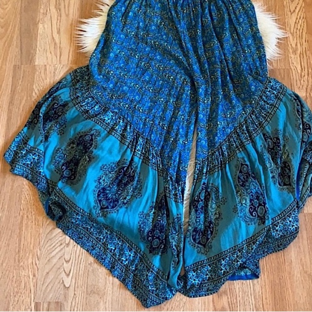 ANGIE Pants Skirt Coverup Wide Leg Boho Blue Green Black Floral Hi Lo Size Small